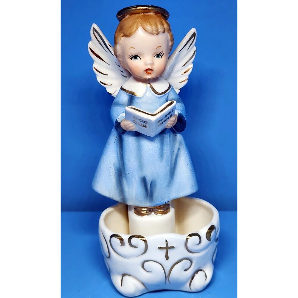 Art Japan Angel Holy Water Wall Pocket God Bless Our Home Blue Gold Accents VTG